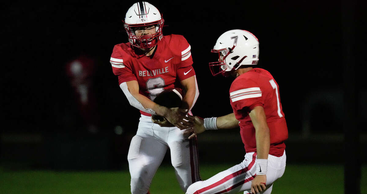 Bellville's Sam Hranicky (8) celebrates his touchtown run with teammate Reid McCann (7) during the third quarter of a District 11-4A Division II game against Brookshire Friday, Oct. 7, 2022, at Brahma Stadium in Bellville.