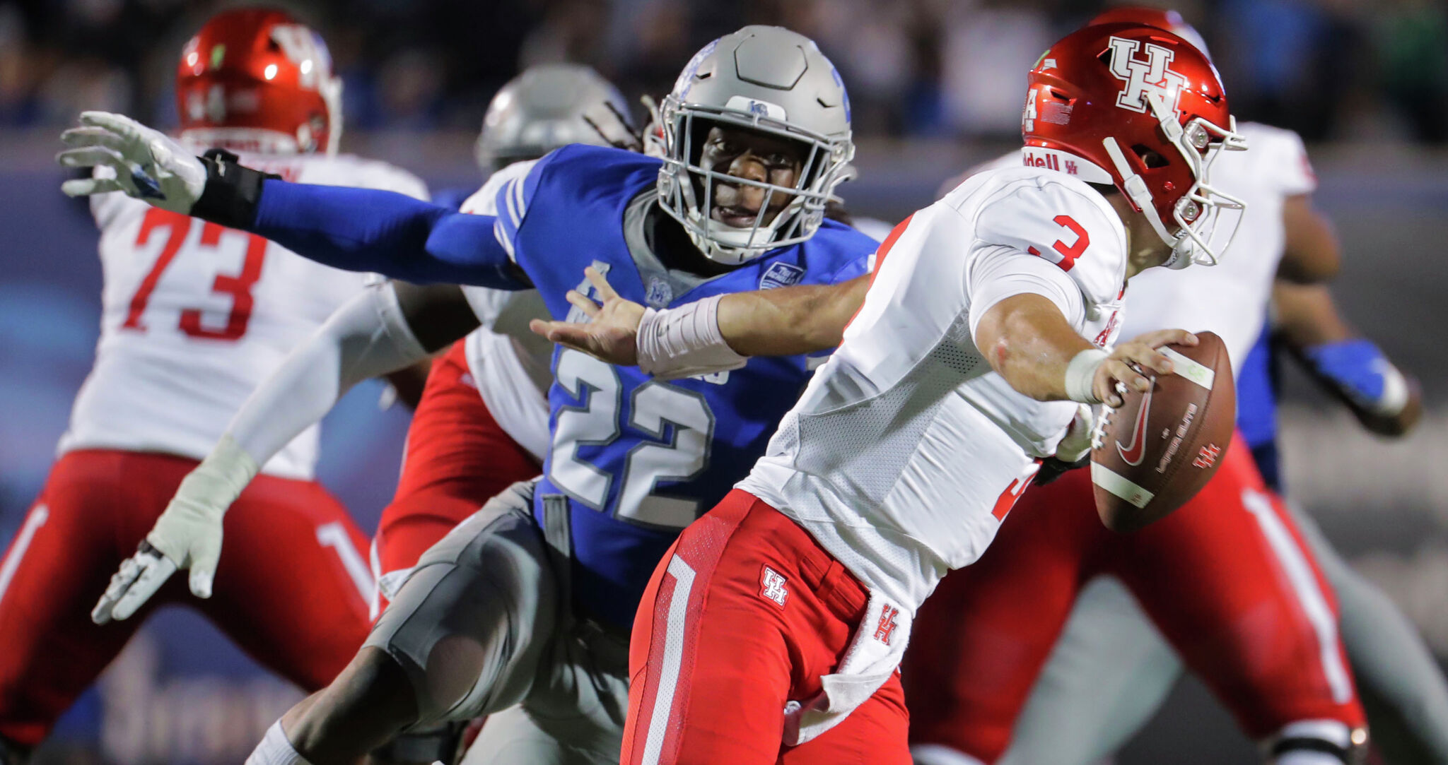 Houston Cougars wide receiver Bryson Smith (1) runs in to the end zone for  a fourth quarter touch down during the game between Temple Owls and University  of Houston Cougars at TDECU