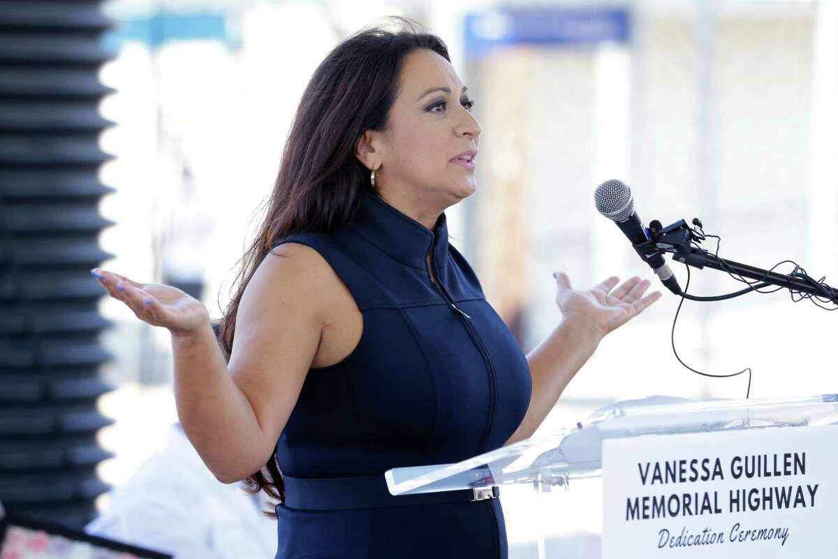 Rep. Christina Morales speaks during a ceremony held at the KIPP school grounds unveiling a new highway sign memorializing Vanessa Gullien Saturday, Oct. 8, 2022 in Houston, TX.
