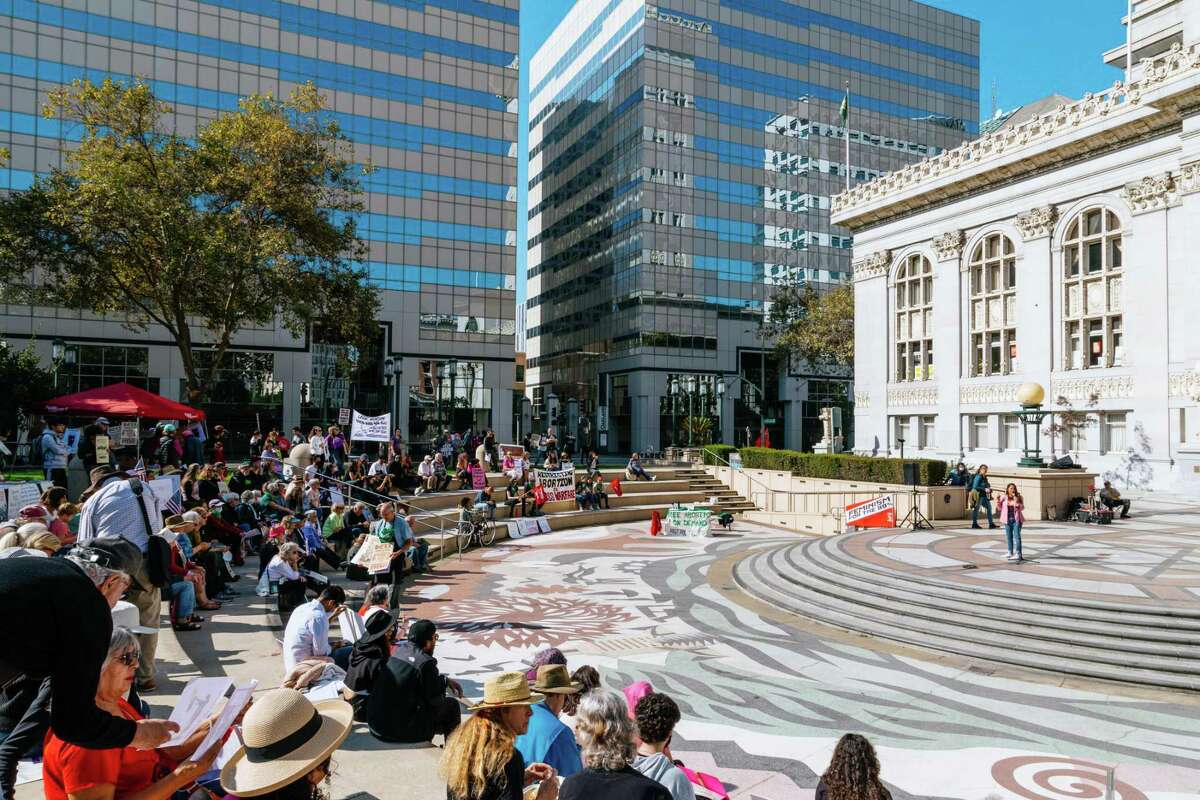 Supporters of California’s Proposition 1, which would codify abortion as a right in the state constitution, rally outside the Frank Ogawa Plaza in Oakland on Oct. 8 to protest the Supreme Court decision to overturn Roe vs. Wade.