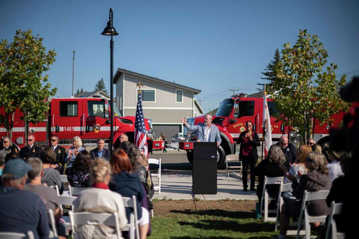 Santa Rosa officials and residents gathered at Coffey Park on the fifth anniversary of the Tubbs Fire, which killed 22 people and burned more than 5,000 structures. County Supervisor James Gore addresses the crowd.