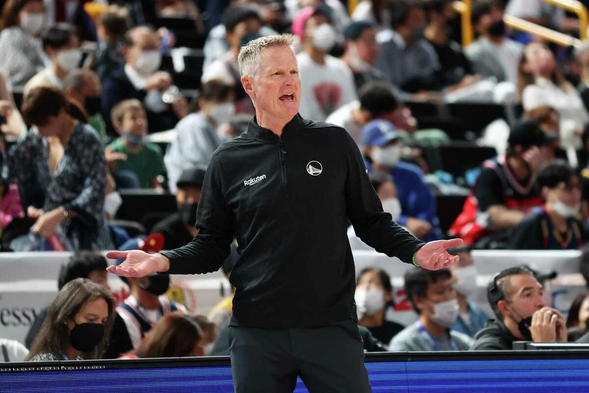 Steve Kerr head coach of the Golden State Warriors argues a call during the Washington Wizards v Golden State Warriors - NBA Japan Games at Saitama Super Arena in Saitama, Japan.