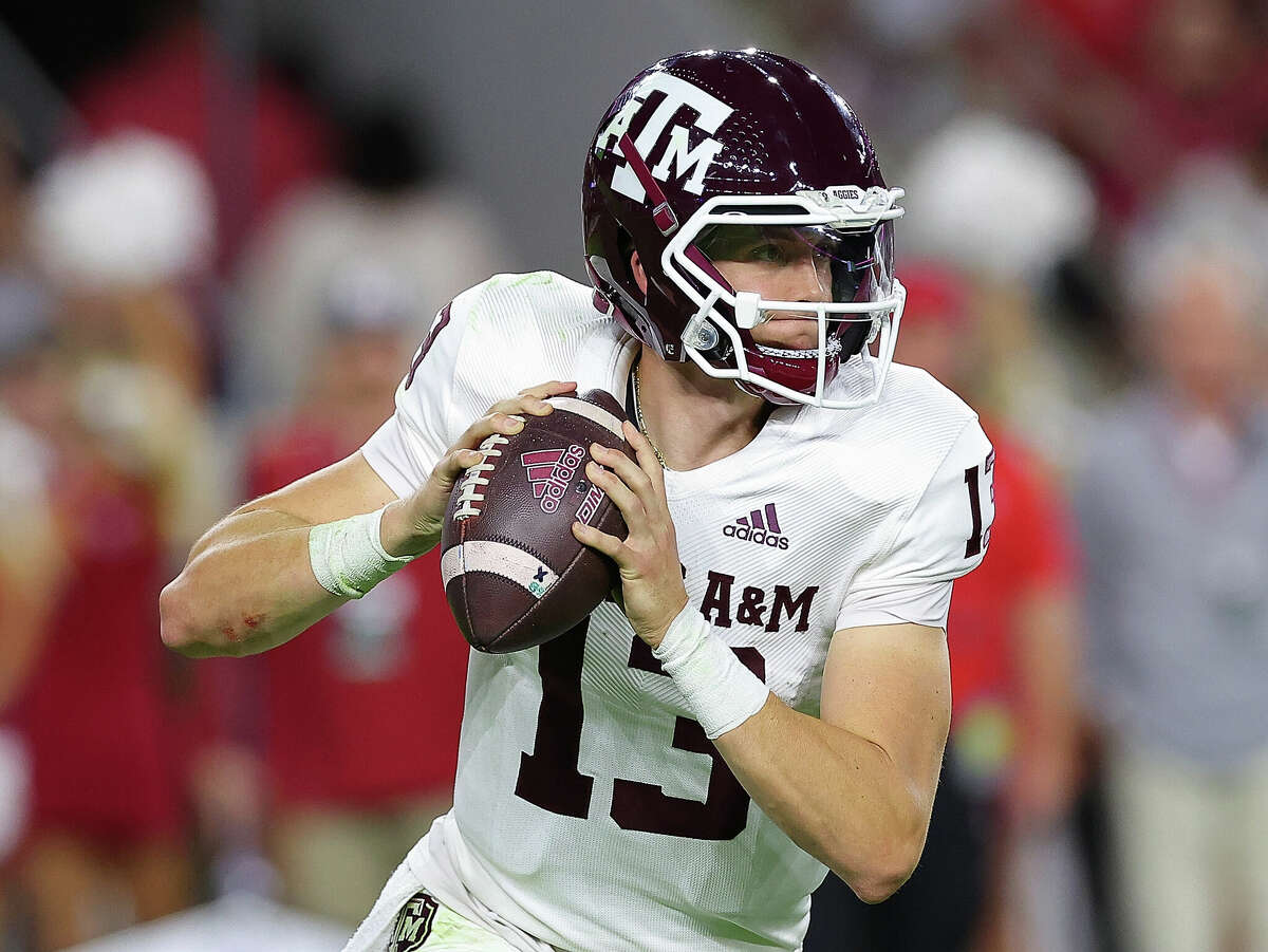 TUSCALOOSA, ALABAMA - OCTOBER 08: Haynes King #13 of the Texas A&M Aggies looks to pass against the Alabama Crimson Tide during the first half at Bryant-Denny Stadium on October 08, 2022 in Tuscaloosa, Alabama. (Photo by Kevin C. Cox/Getty Images)