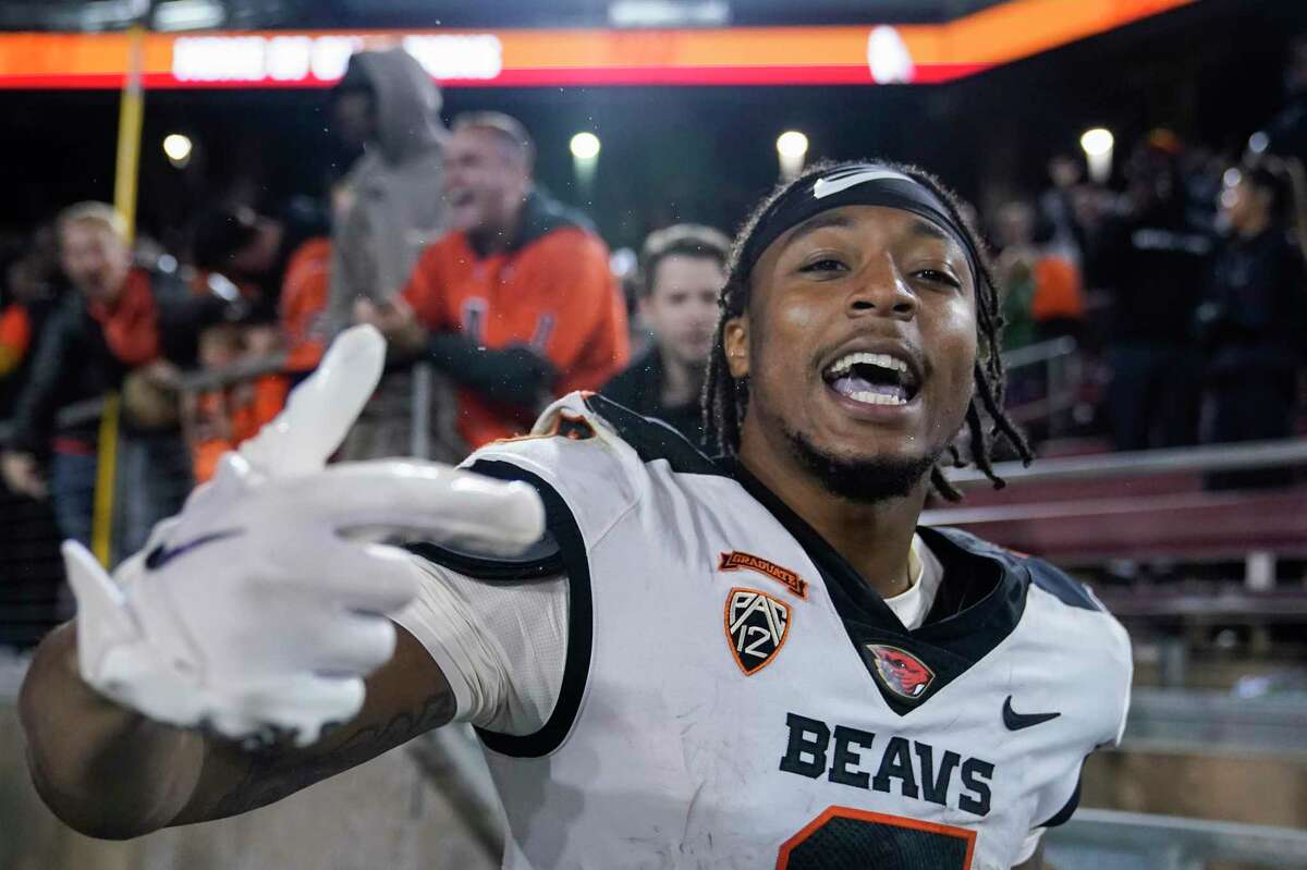 Oregon State wide receiver Tre'Shaun Harrison (0) celebrates after scoring a 56-yard receiving touchdown against Stanford during the second half of an NCAA college football game in Stanford, Calif., Saturday, Oct. 8, 2022. Oregon State won 28-27. (AP Photo/Godofredo A. Vásquez)