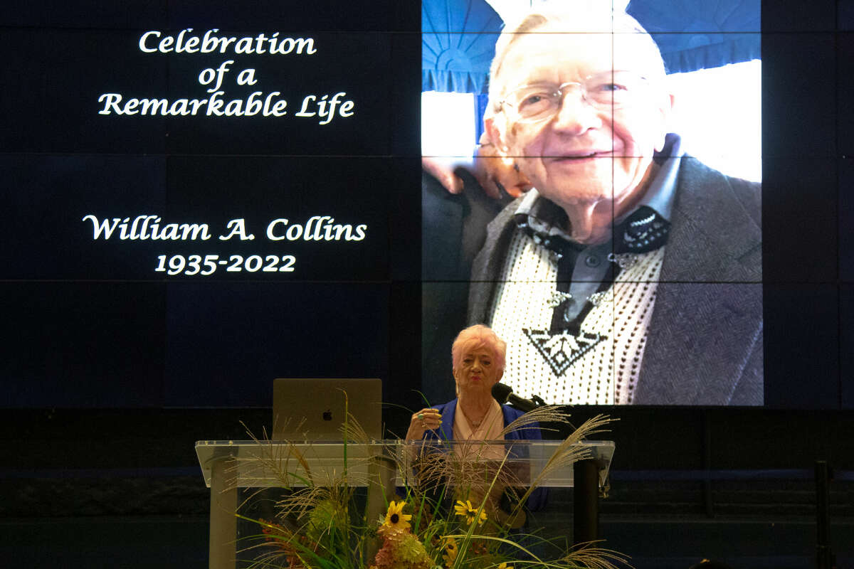 Marilyn Robinson talks about working with Bill Collins in her role as city clerk while he was Norwalk's mayor during a memorial Saturday night at The Maritime Aquarium.