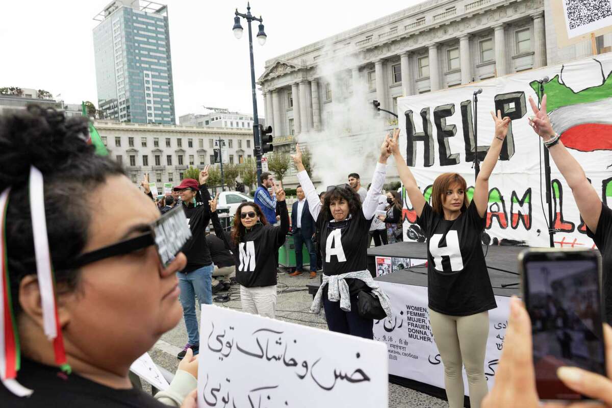 Protesters rally in support of the people of Iran at Civic Center Plaza in San Francisco in October.