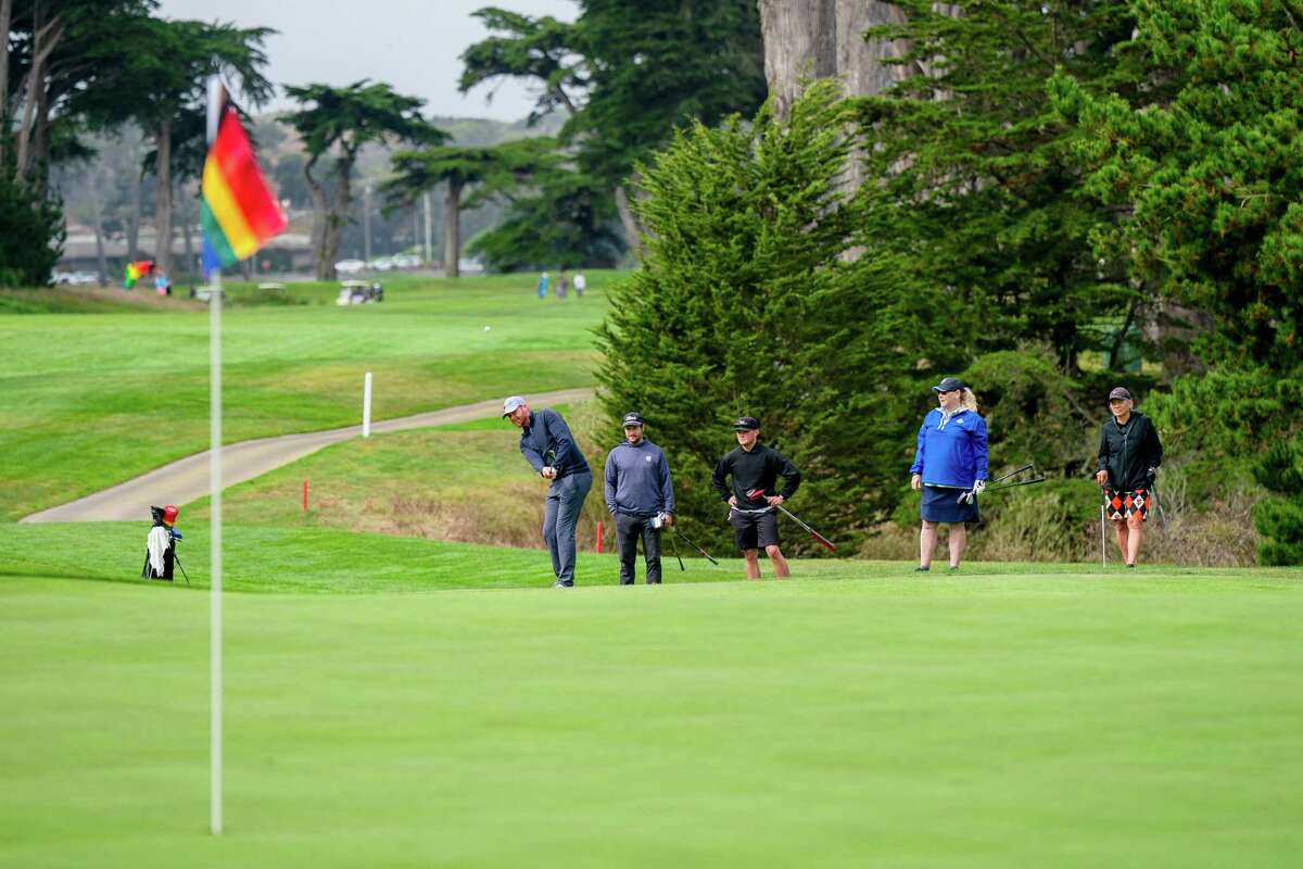 Greg Fitzgerald hits a chip shot on No. 10 during the fourth annual SF Pride Pro-Am Golf Tournament at Harding Park golf course in San Francisco, Calif. on Saturday, Oct. 8, 2022.