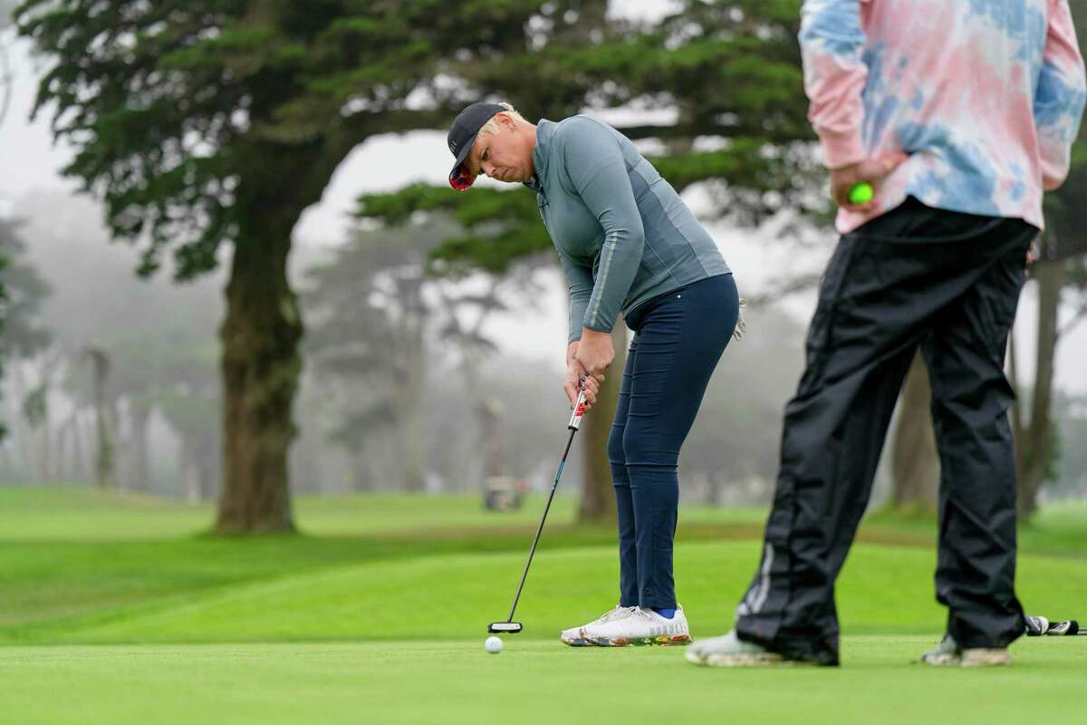 Hailey Davidson putts on No. 9 during the SF Pride Pro-Am Golf Tournament at Harding Park golf course in San Francisco, Calif. on Saturday, Oct. 8, 2022.