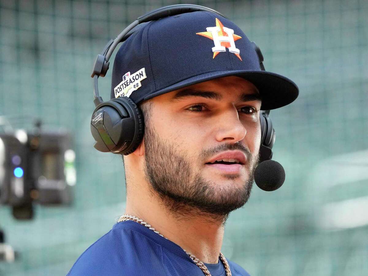 Lance McCullers Jr., doing an interview during Monday's workout, is among the candidates to start Game 2 on Thursday against the Mariners.