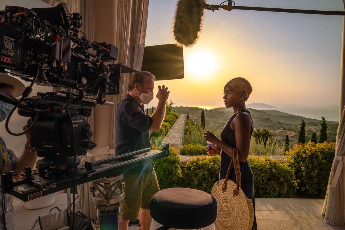 Behind the scenes of director Rian Johnson and star Janelle Monae in "Glass Onion: A Knives Out Mystery."