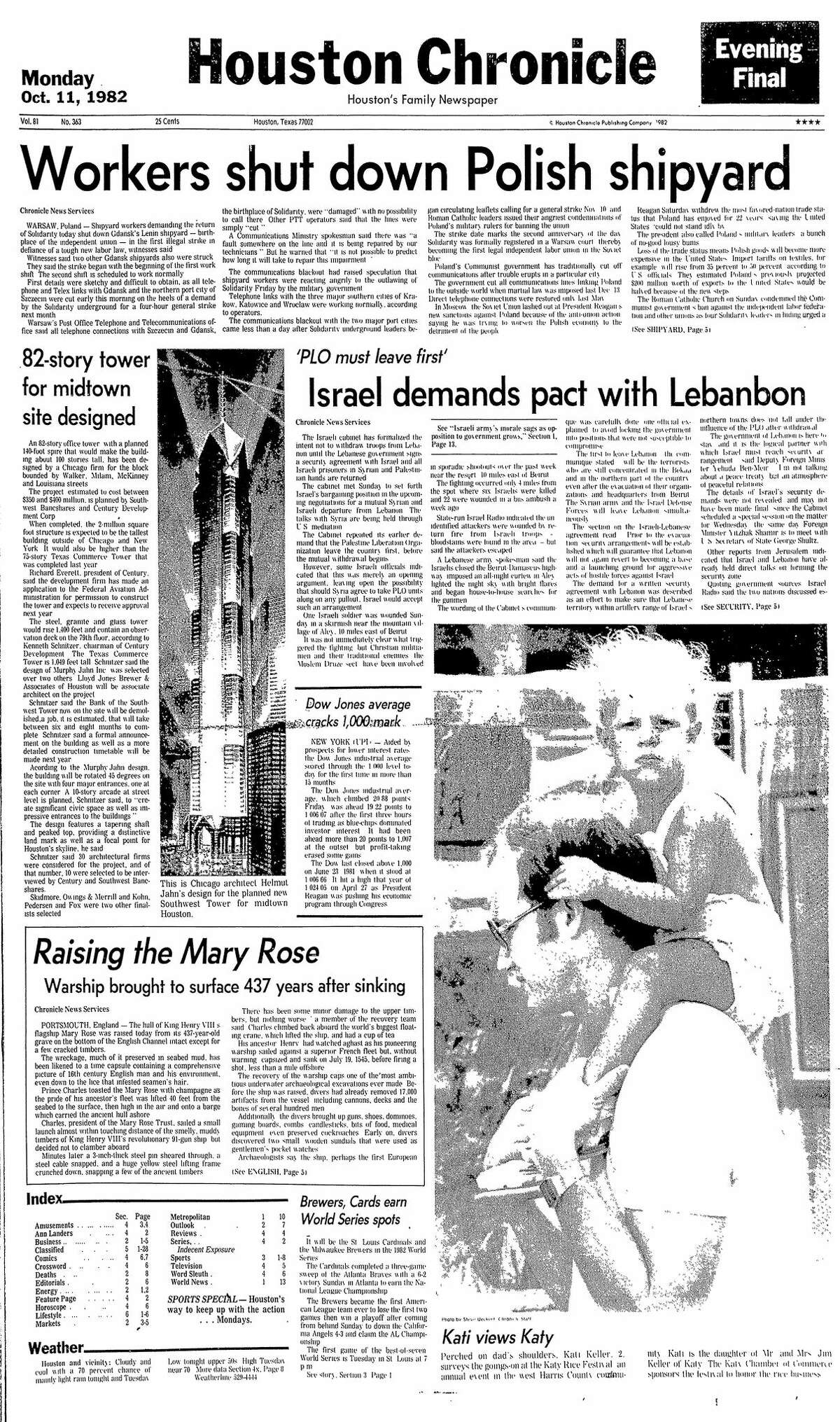 Houston Chronicle front page for Oct. 11, 1982.