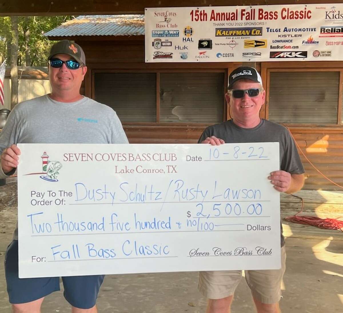 Dusty Schultz and Rusty Lawson came in first place in the Seven Coves Bass Club 15th Annual Fall Bass Classic with a stringer weight of 22.18 pounds.