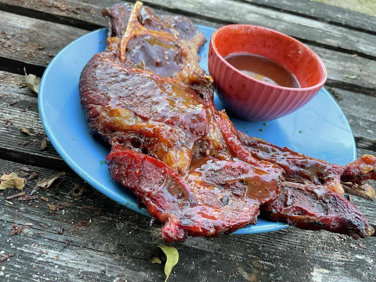 Barbecue sauce is applied to steak during the final 10 minutes of the cooking process.