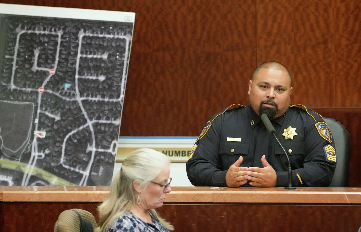 Sargeant Christian Argueta, with the Harris County Sheriff’s Dept., testifies during the capital murder trial of Robert Solis Tuesday, Oct. 11, 2022, in Houston. Solis, who accused of killing Harris County Sheriff's Office Deputy Sandeep Dhaliwal, is representing himself in the case that carries the death penalty.