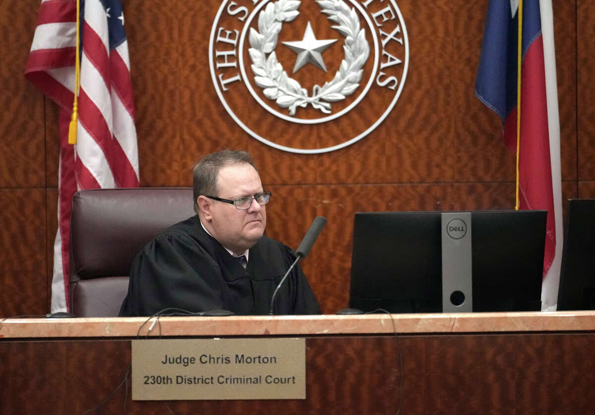 Judge Chris Morton, with the 230th District Criminal Court, is shown during the capital murder trial of Robert Solis Tuesday, Oct. 11, 2022, in Houston. Solis, who accused of killing Harris County Sheriff's Office Deputy Sandeep Dhaliwal, is representing himself in the case that carries the death penalty.