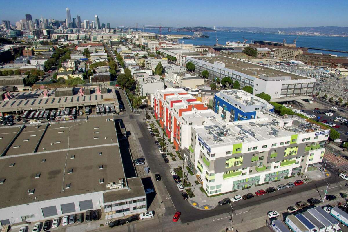 An aerial view of San Franicisco’s Dogpatch neighborhood in October 2017, when three major housing complexes were opening.