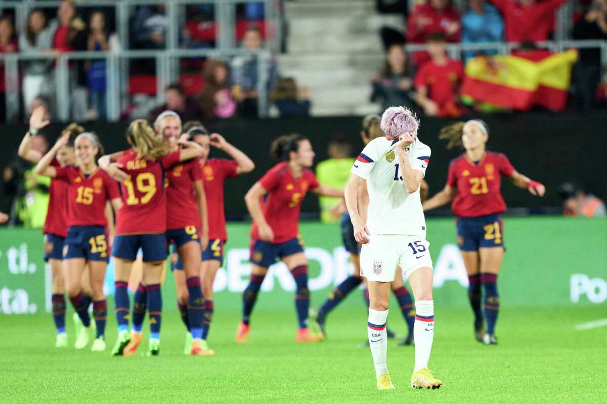 American player Megan Rapinoe can’t bear to watch Spain celebrate a goal.