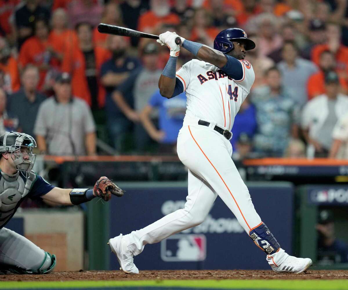 Houston Astros’ Yordan Alvarez (44) hits a three-run, walk-off home run to beat the Seattle Mariners 8-7 in the ninth inning of Game 1 of the American League Division Series at Minute Maid Park on Tuesday, Oct. 11, 2022, in Houston.