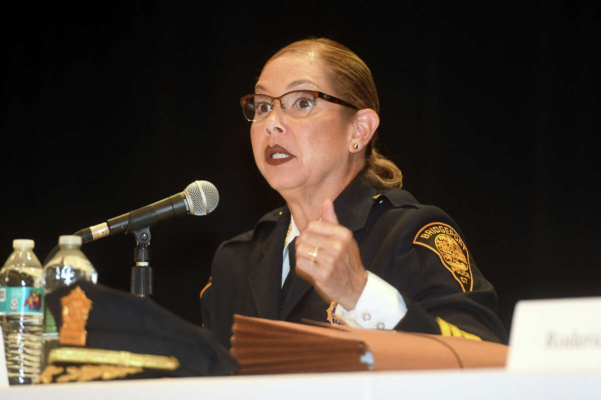 Acting Police Chief Rebeca Garcia speaks during a community forum with the three finalists in the search for Police Chief, in Bridgeport, Conn. Oct. 11, 2022.