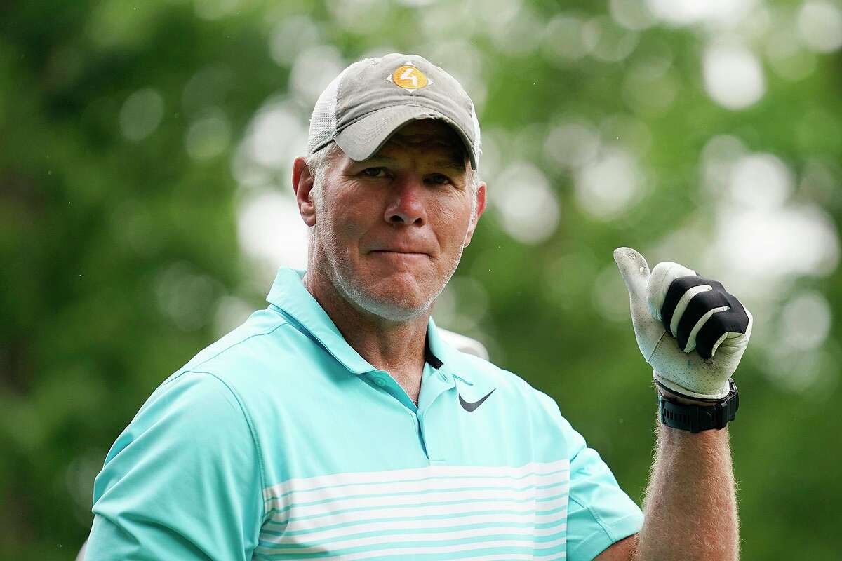 Former NFL player Brett Favre walks off the 10th tee box during the Celebrity Foursome at the second round of the American Family Insurance Championship at University Ridge Golf Club on June 11, 2022, in Madison, Wisconsin. (Patrick McDermott/Getty Images/TNS)