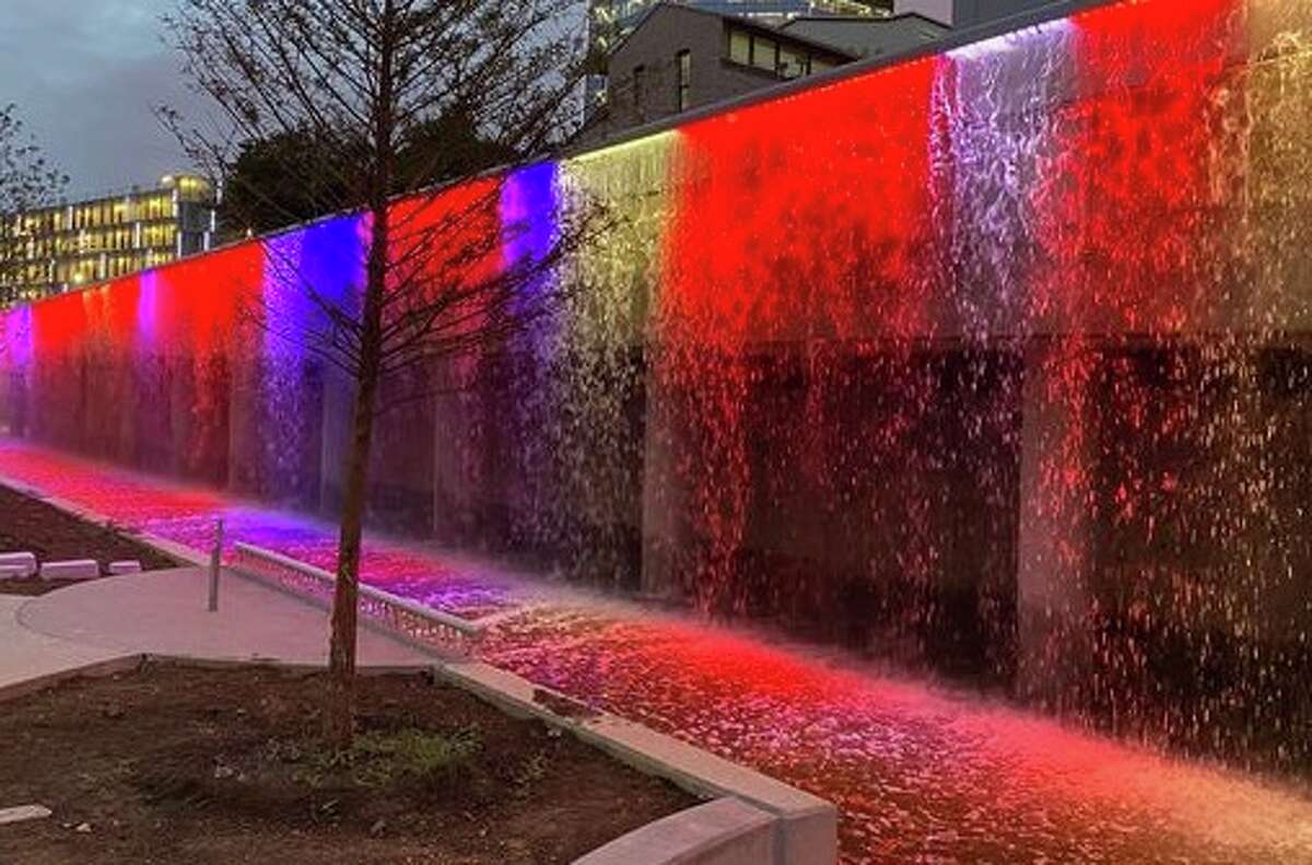 Lights in a water wall along the San Pedro Creek Culture Park will change in response to sounds made into a microphone designed by artist Adam Frank.