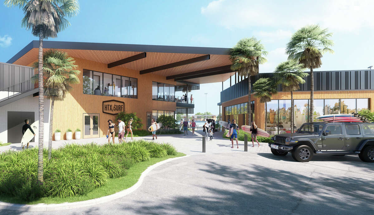 The welcoming front entrance into the park welcomes visitors to food and drink amenities, a private members’ club, hot tubs, fire pits, swimming pool, beach areas that include sand (in some spots), a skateboard pump track, and an event lawn for bands and festivals.