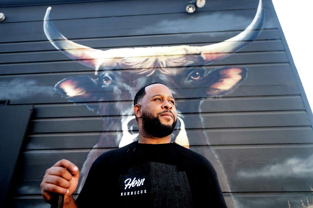 Matt Horn stands outside Horn Barbecue in Oakland in 2020.