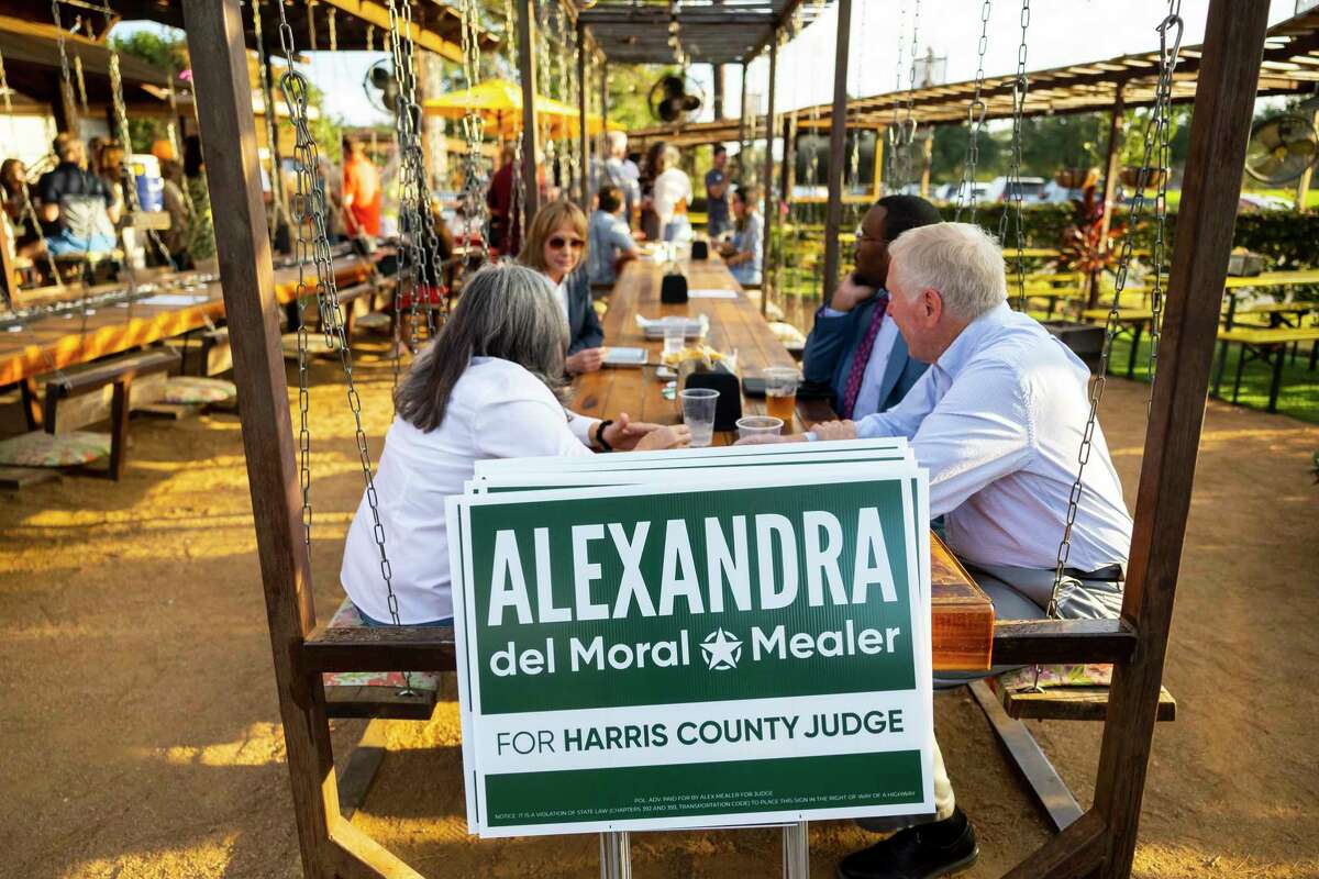 Supporters gather to hear from Alexandra del Moral Mealer, the Republican candidate for Harris County Judge, during a meet and greet hosted by Magic Circle Republican Women, Log Cabin Republicans of Houston and the Houston Young Republicans in the Heights on Tuesday, Oct. 11, 2022.