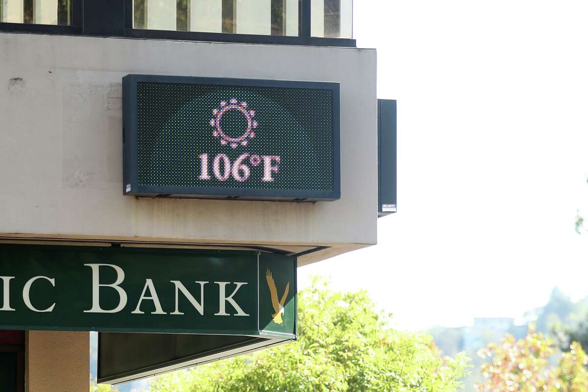 A bank sign reads 106 degrees at 4:25 p.m. on 4th Street in San Rafael on September 5, 2022.