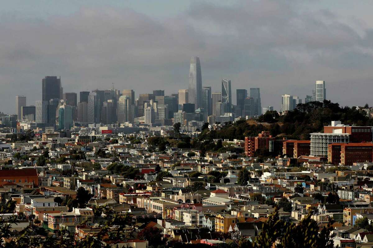 The San Francisco skyline is seen from Bernal Heights Park.