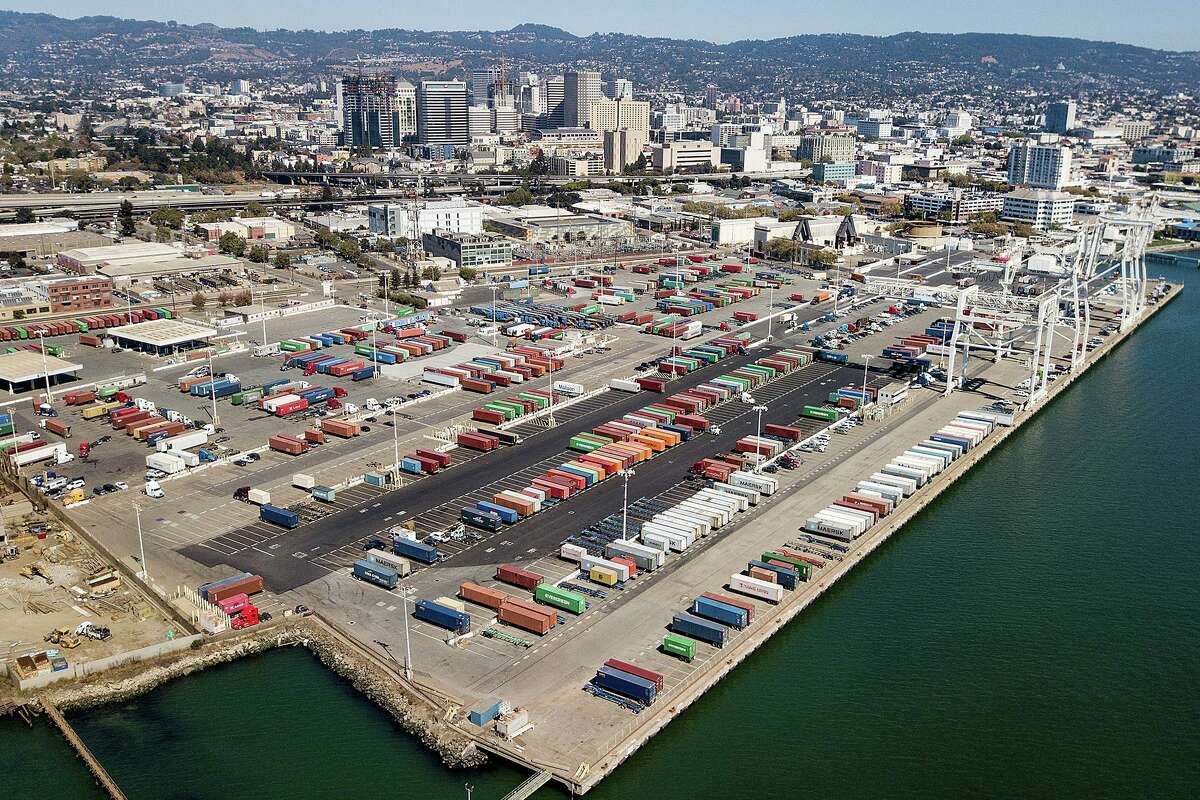 Shipping containers rest at the Charles P. Howard Terminal, a possible location for a new Oakland Athletics baseball stadium in Oakland, California.