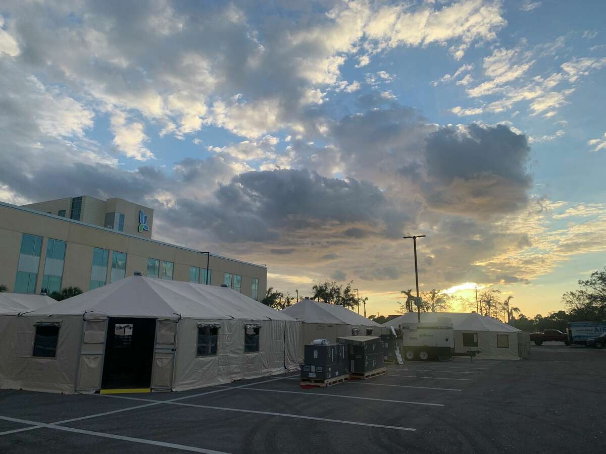 A field hospital at Gulf Coast Medical Center in Fort Myers, Florida set up by members of the Connecticut-1 Disaster Medical Assistance Team or "DMAT." The team was sent to Florida at the state's request to help alleviate the strain on the state's health care system in the wake of Hurricane Ian.