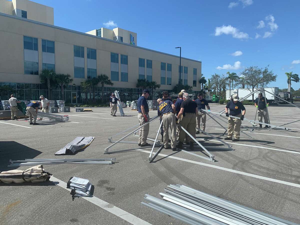 Crews with the Connecticut-1 Disaster Medical Assistance Team or "DMAT" set up a field hospital at Gulf Coast Medical Center in Fort Myers, Florida. The team was sent to Florida at the state's request to help alleviate the strain on the state's health care system in the wake of Hurricane Ian.