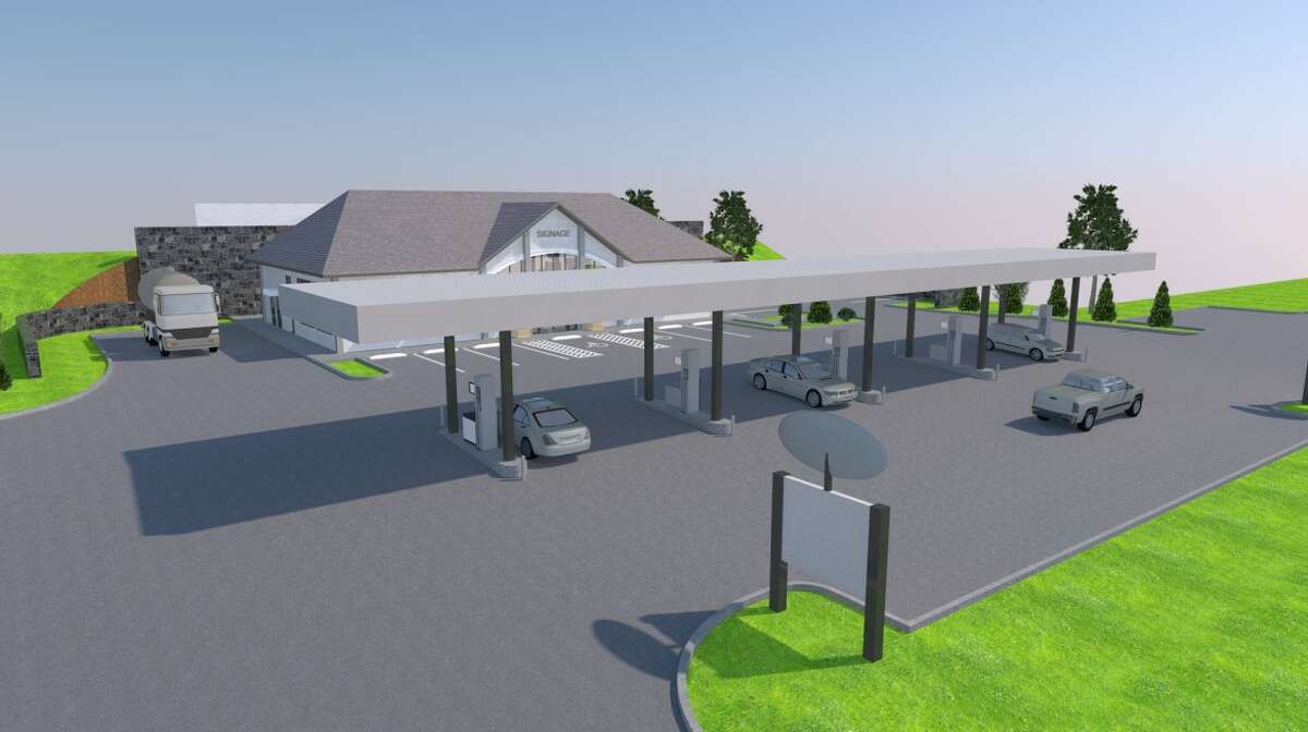 Developers have scaled back the proposed plaza at 265 Bridgeport Ave. in Shelton. This rendering shows five pump islands, but the final Planning and Zoning Commission resolution calls for only four, but they could be extended to allow for more pumps.