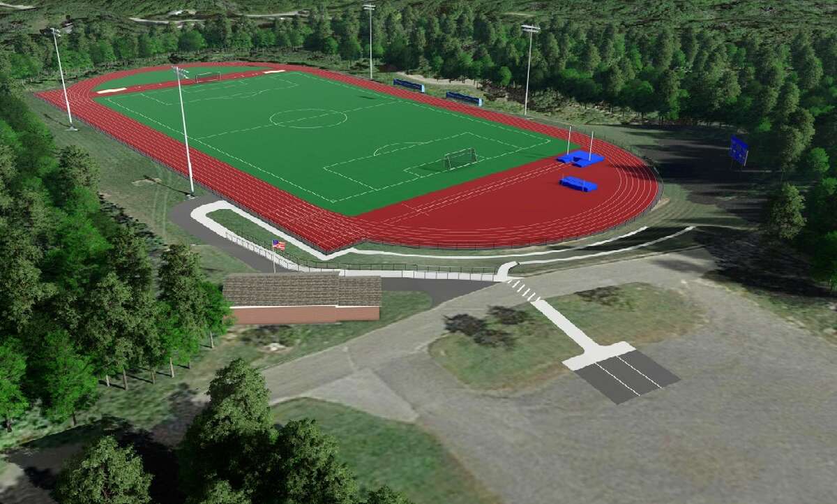 A digital rendering of the new track and field athletic complex at Nathan Hale-Ray High School in East Haddam. The facility is expected to open in fall 2023.