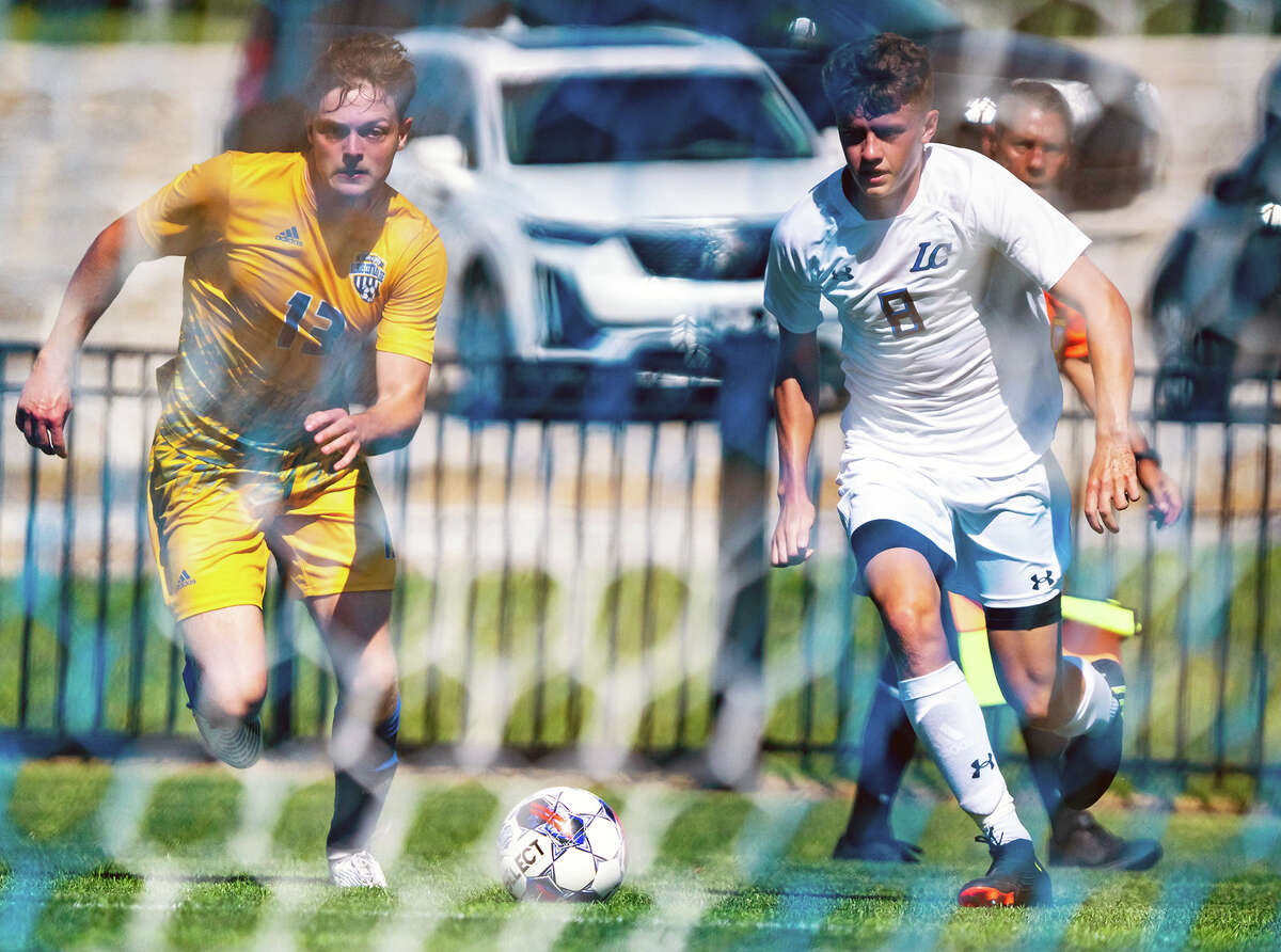 LCCC's Josh Macklin, right, scored three goals to lead the Trailblazers past East Central College Wednesday in Union, Mo. Macklin, a freshman from England, leads LCCC in scoring with eight goals and an on the season.