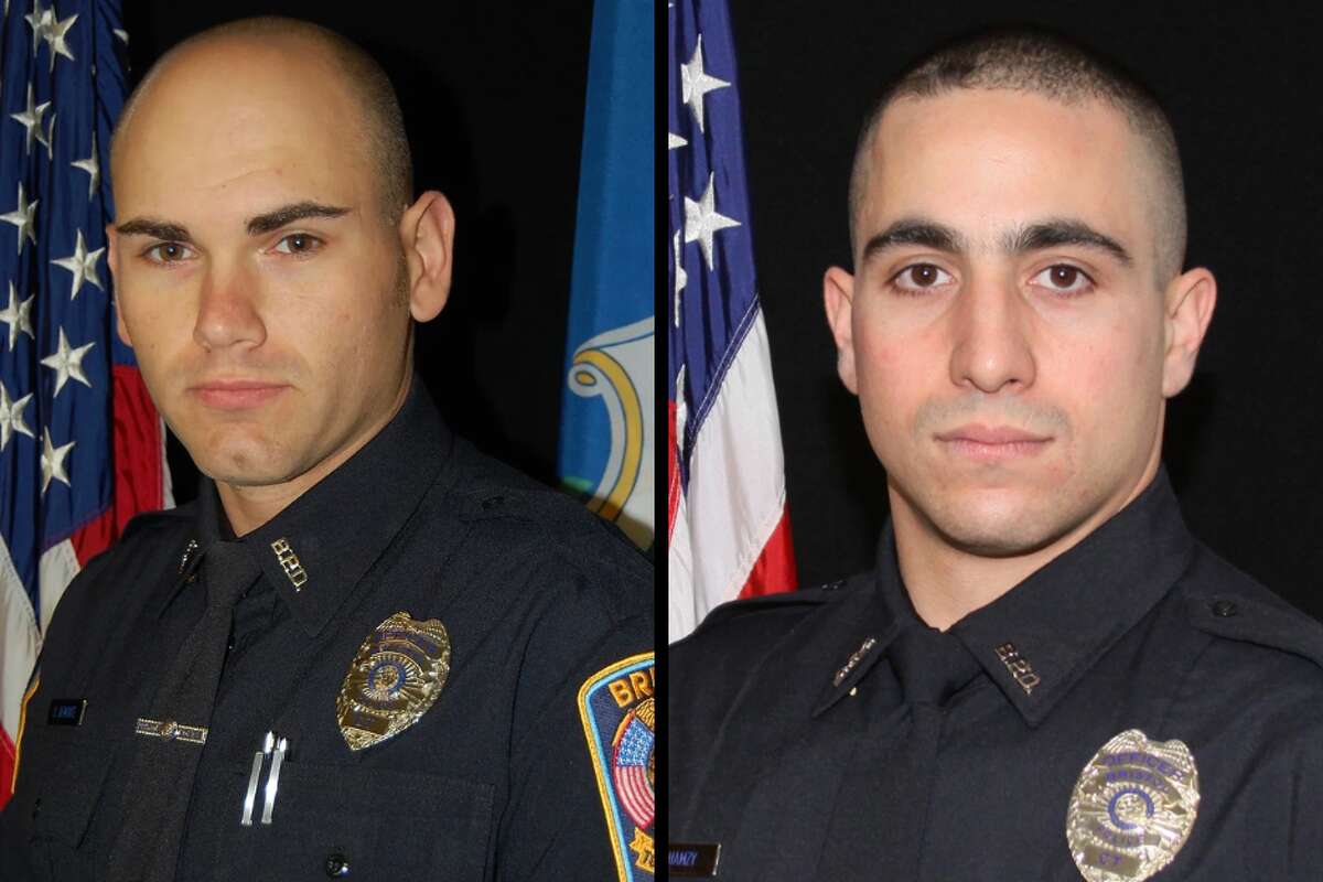 Bristol Police Lt. Dustin DeMonte, left, and Sgt. Alex Hamzy, killed in an ambush last week, were in a 2018 YouTube video for a lip sync challenge.