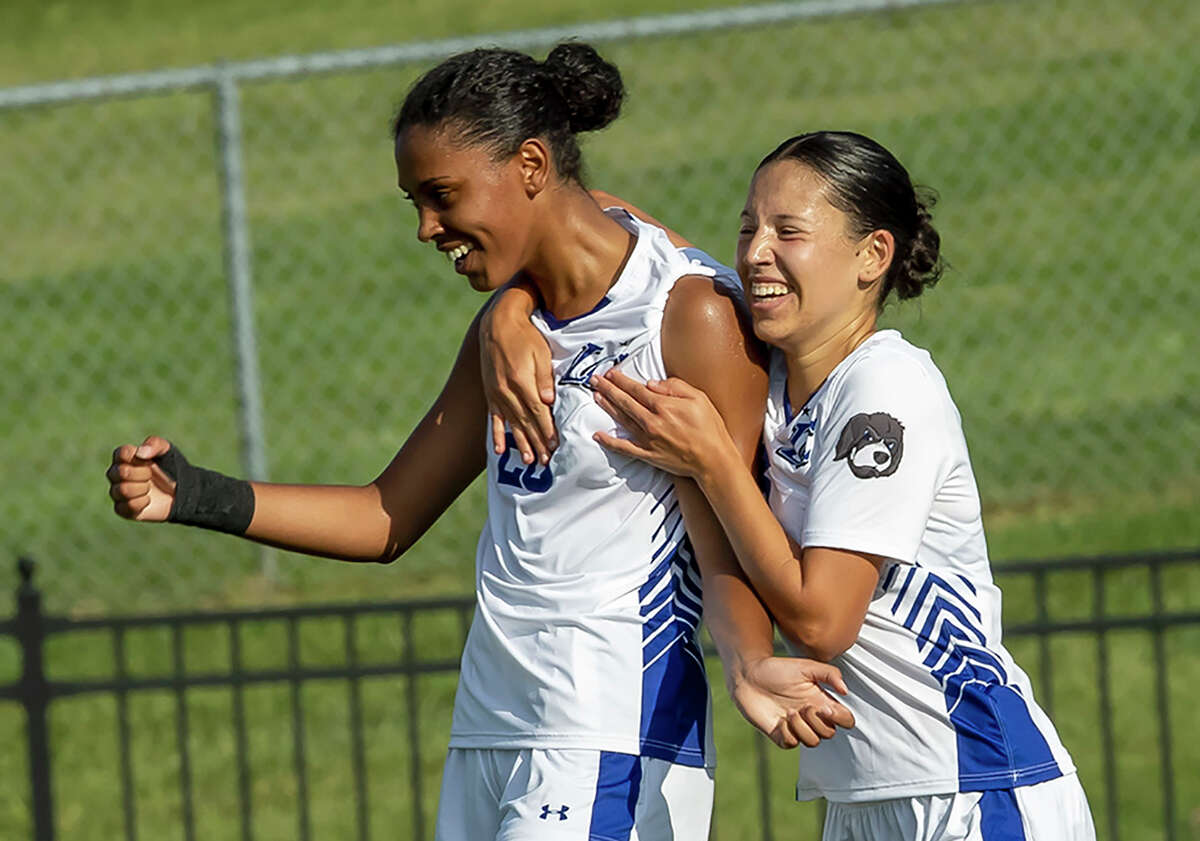 LCCC's Clara Dotigny, left, and teammate Anaé Roberts celebrate a goal. Dotigny scored twice, each time from a Roberts assist, in Wednesday's 2-0 win over East Central college in union, Mo.