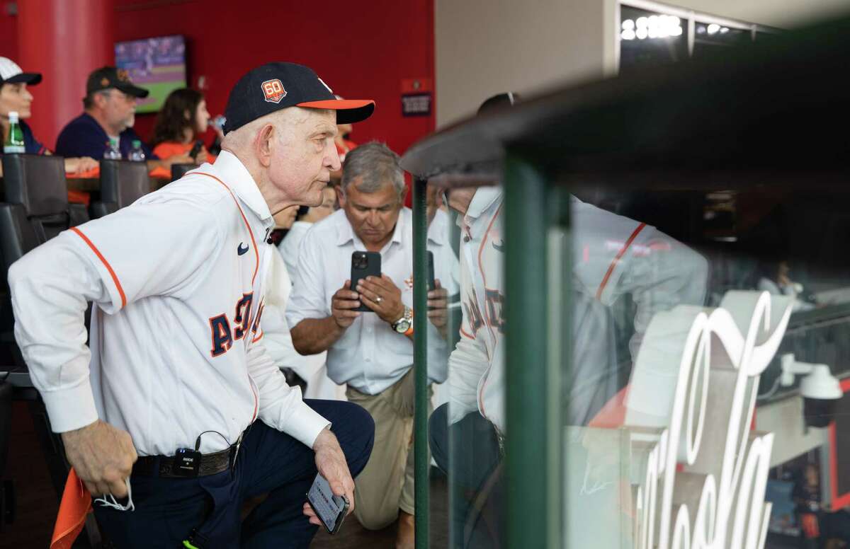 Jim “Mattress Mack” McIngvale watches the game from the Coca-Cola Corner during Game 2 of American League Division Series Thursday, Oct. 13, 2022, at Minute Maid Park in Houston.