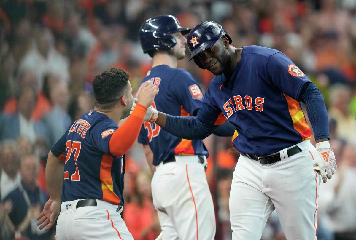 Awesome Artifacts Houston Astros Framber Valdez Justin Verlander, Alex Bregman, Yordan Alvarez, Jose Altuve, 2022 World Champs Game Model Jersey Signed by Awesome