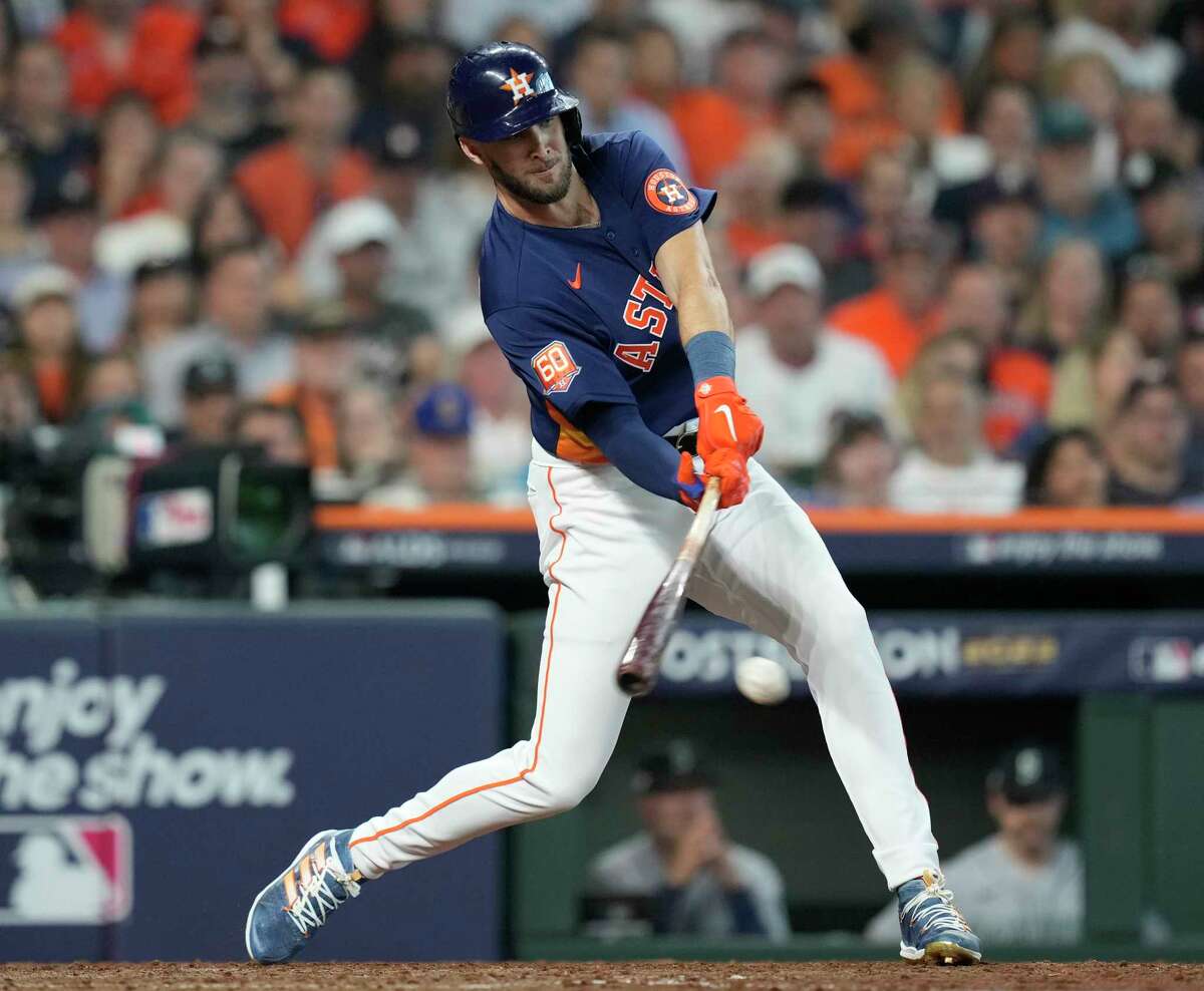 Houston Astros pinch hitter David Hensley (17) grounds out to Seattle Mariners shortstop J.P. Crawford to end the seventh inning during Game 2 of the American League Division Series at Minute Maid Park on Thursday, Oct. 13, 2022, in Houston.