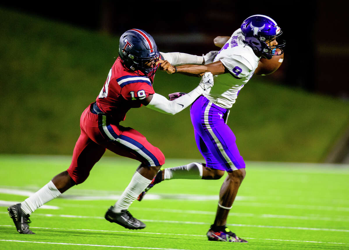Tompkins DL Rotimi Olayinka (19) is putting pressure Morton Ranch QB Josh Johnson (9) in the first half of action during a District 19-6A high school football game between Morton Ranch vs Tompkins at Rhodes Stadium in Houston, TX, October 13, 2022.