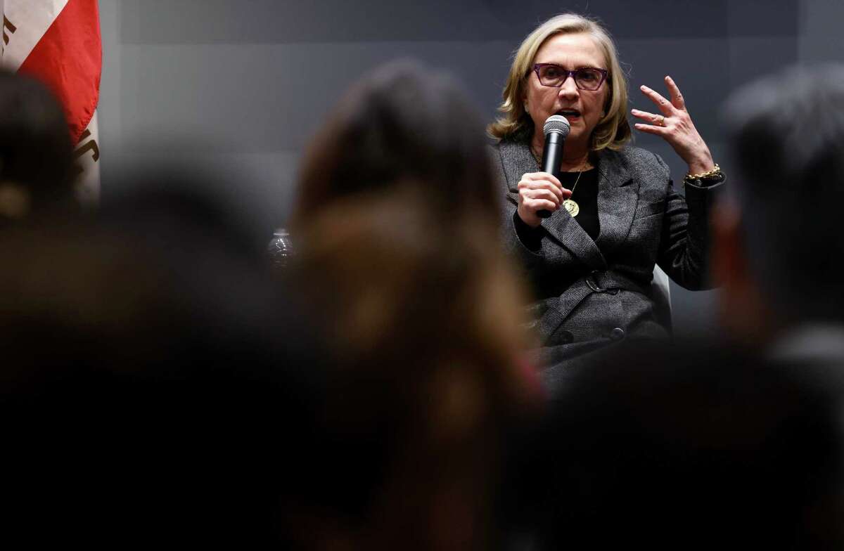 Former Secretary of State Hillary Rodham Clinton moderates a panel discussion on Proposition 1, which would enshrine abortion rights in California constitution, at Planned Parenthood in San Francisco.