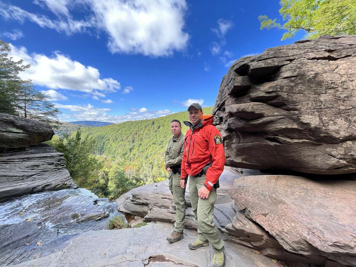 Howard Kreft (left) and Robert Dawson are forest rangers with the state Department of Environmental Conservation. They work out of two of the Catskills’ busiest sites: Peekamoose Valley and Kaaterskill Wild Forest.