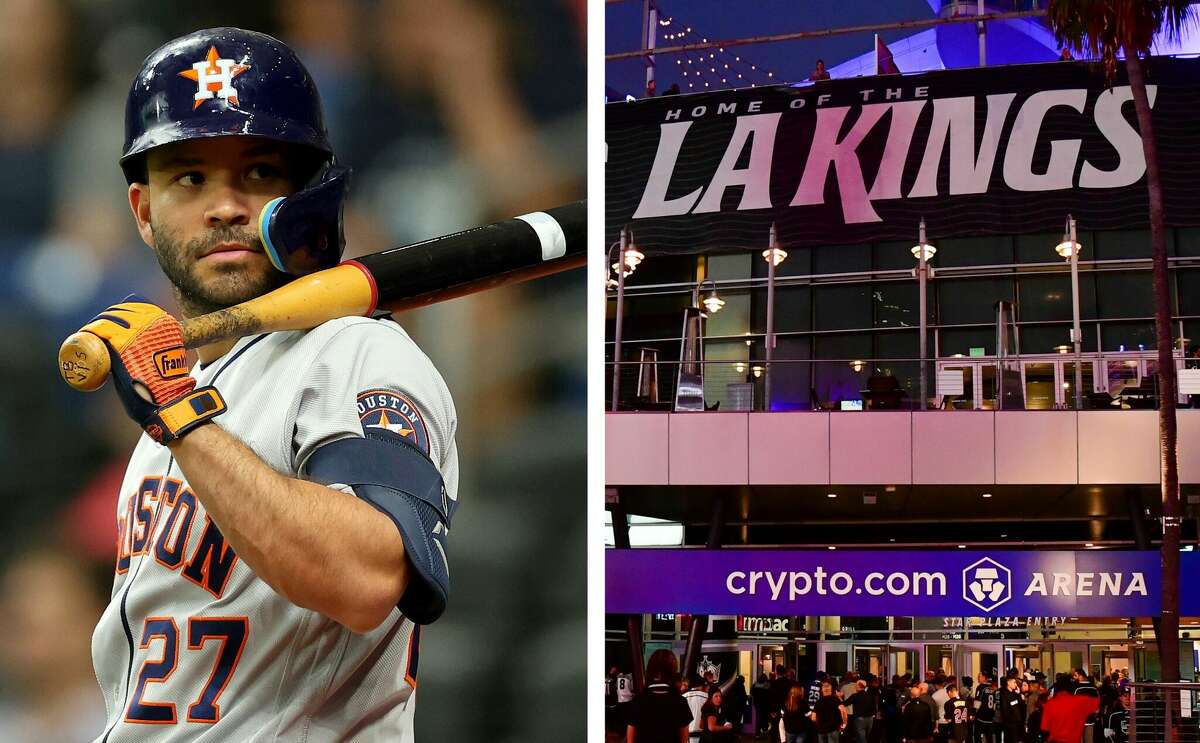 The Astros' Jose Altuve was the butt of a joke at a Los Angeles Kings' NHL game on Thursday, Oct. 13, 2022.