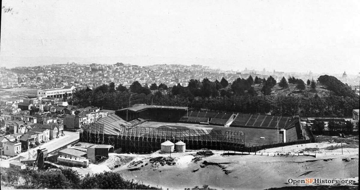 Ewing Field in 1920, as seen from Lone Mountain to the west. Calvary Cemetery is visible on the hill beyond the ballpark.