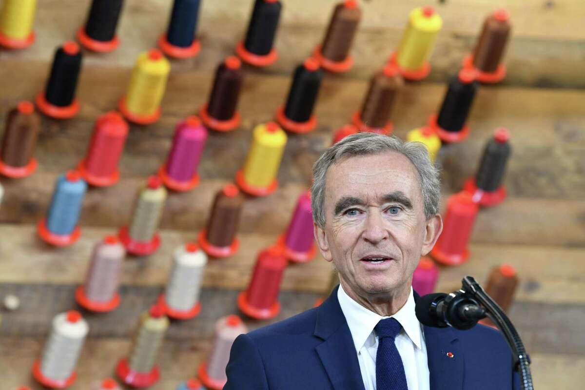 Chief Executive of LVMH (Louis Vuitton Moet Hennessy) Bernard Arnault speaks during a visit to the new Louis Vuitton workshop and ranch in Alvarado.