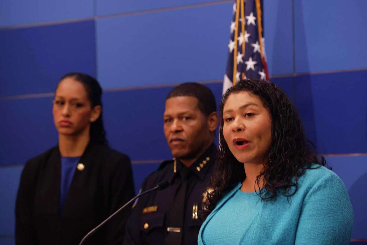 Mayor London Breed (right), Police Chief Bill Scott and District Attorney Brooke Jenkins discuss their approach to illegal drug dealing.