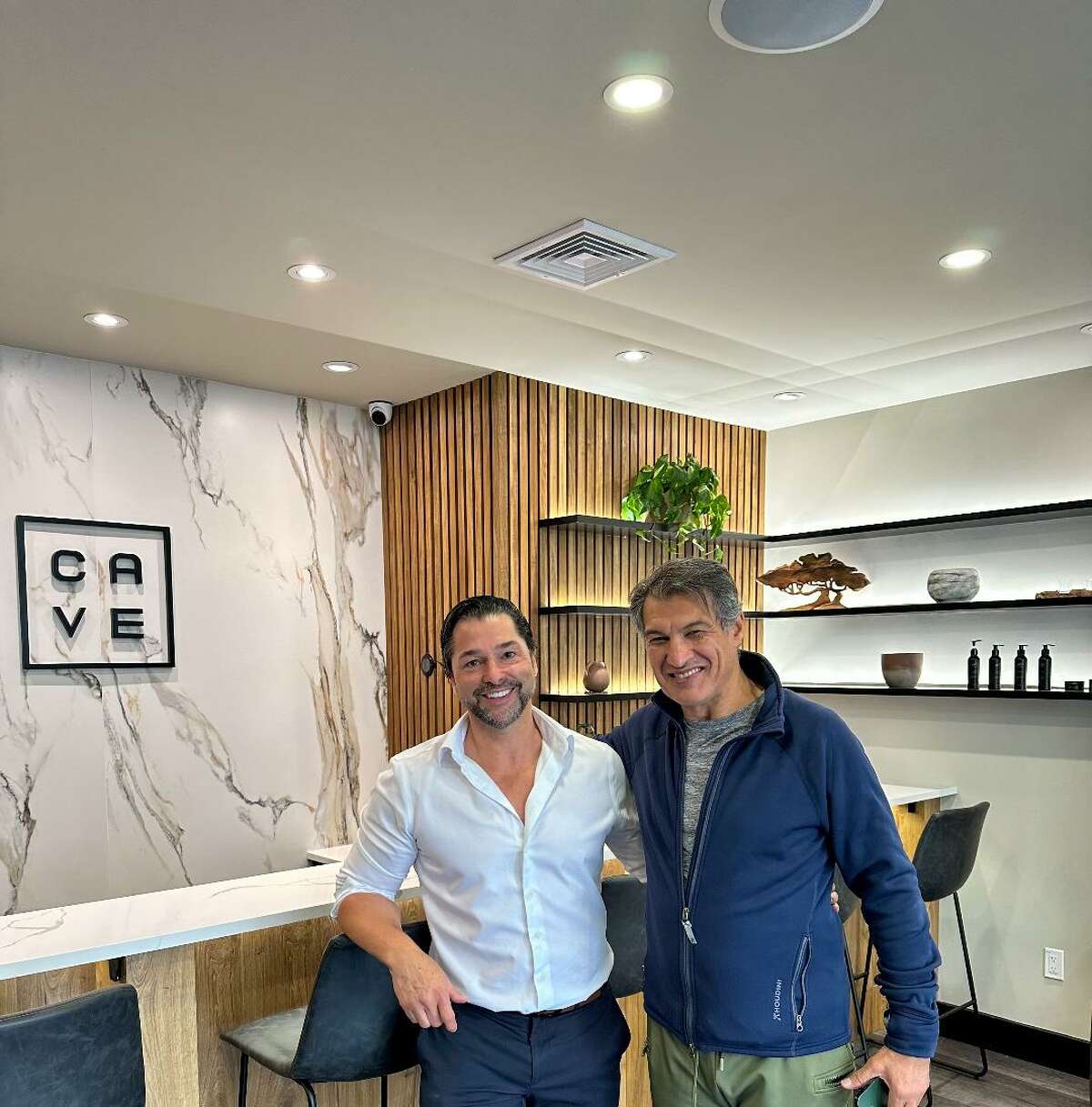 Paulo Lanfredi at CAVE, his salon on Greenwich Avenue, with French celebrity stylist Frederic Fekkai. 
