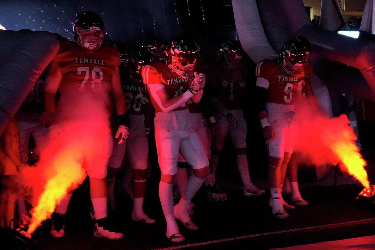 Tomball prepares to take the field to face Tomball Memorial in a high school football game, Friday, Oct. 14, 2022, in Tomball.